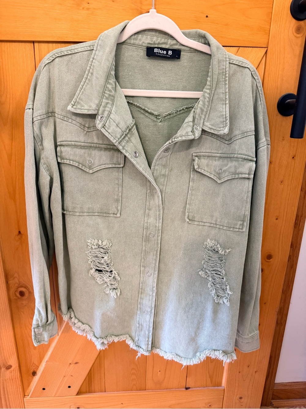 Blue B Distressed Sage Denim Shacket - Relaxed Jean Jacket